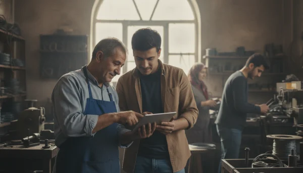 Konya'daki bir aile şirketi atölyesinde kıdemli ustabaşı ile genç çalışanın bir tablet ekranına birlikte bakarak yapay zeka aracını değerlendirmesi