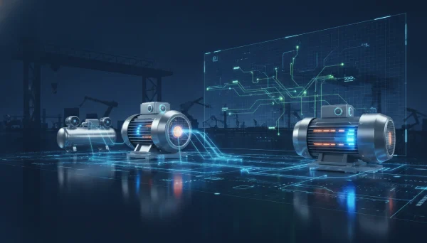 Fabrikada yapay zeka ile enerji izleme ve motor optimizasyonunu temsil eden soyut teknik görsel