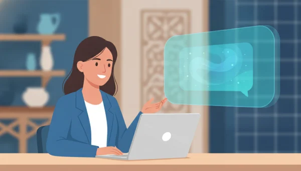 Bir KOBİ müşteri temsilcisinin yanında yapay zeka chatbot sohbet arayüzünü gösteren modern illüstrasyon