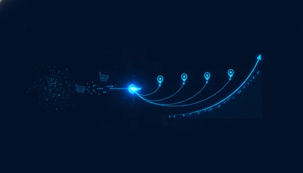 Lacivert zemin üzerinde elektrik mavisi düğüm ağıyla; solda sönük ve birbirinden kopuk noktalar hâlinde duran uyuyan e-posta listesinin ve kopmuş bir yoldan uzaklaşan soluk sepet motifinin, ortadaki parlak tetikleyici düğümden geçerek giderek açılan aralıklarla dizilmiş üç duraklı zamanlı bir akışa dönüştüğünü, sağda ise dalların yükselen bir gelir eğrisinde birleştiğini gösteren, davranışa göre tetiklenen e-posta otomasyonunu çağrıştıran soyut teknik görsel.