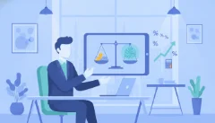Yapay zeka yatırımının geri dönüşünü ölçen bir terazi, yükselen grafik ve hesap makinesini gösteren illüstrasyon