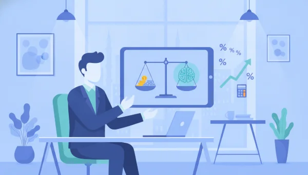 Yapay zeka yatırımının geri dönüşünü ölçen bir terazi, yükselen grafik ve hesap makinesini gösteren illüstrasyon