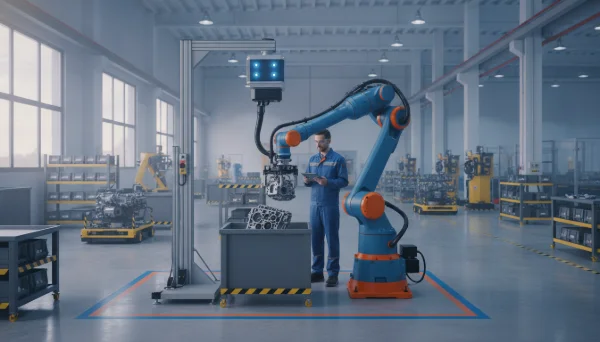 Konya'da bir otomotiv yan sanayi fabrikasında, yapay zeka görme sistemiyle kutudan metal parça alan ve operatörle aynı alanda kafessiz çalışan işbirlikçi robot (kobot).