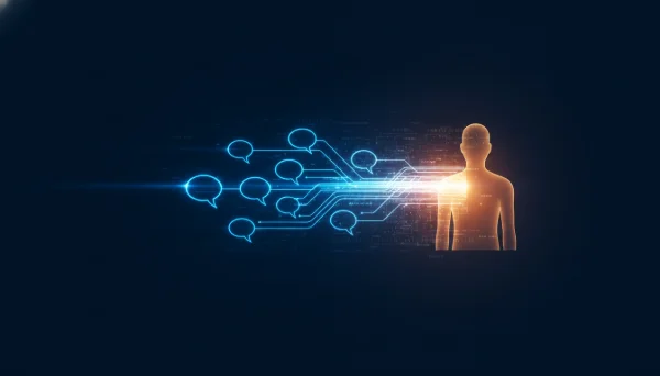 Yapay zeka chatbot düğüm ağını bir insan temsilci figürüne bağlayan, hibrit müşteri hizmetleri akışını simgeleyen soyut teknik görsel.
