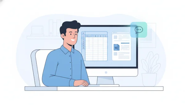 Microsoft Copilot'ın Excel ve Word ekranlarının yanında yapay zeka asistanı paneliyle çalışan bir ofis çalışanını gösteren illustrasyon